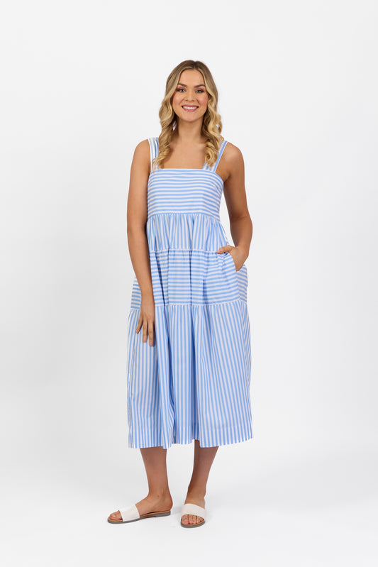 Vassalli - Cotton Sleeveless Tiered Dress - 6099 - Blue Stripe $99 XMAS DRESS SPECIAL