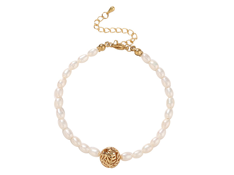 Pearl & Gold Silver-fern Ball Bracelet PL379