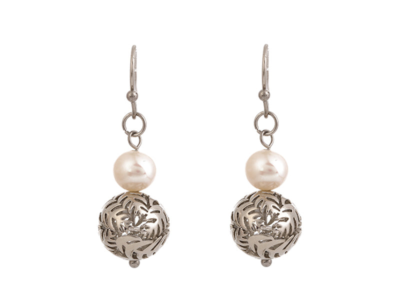 Pearl & Silver-fern Ball Earrings PL0376