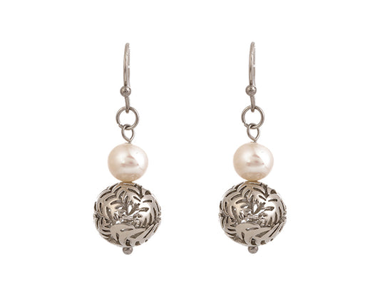 Pearl & Silver-fern Ball Earrings PL0376