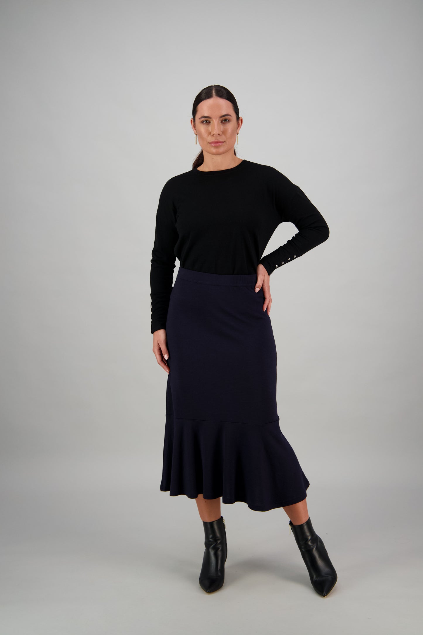 Vassalli - 7052 Merino Pull On Skirt Midi Length -  Ink only left - 50% off 1 x 10 left