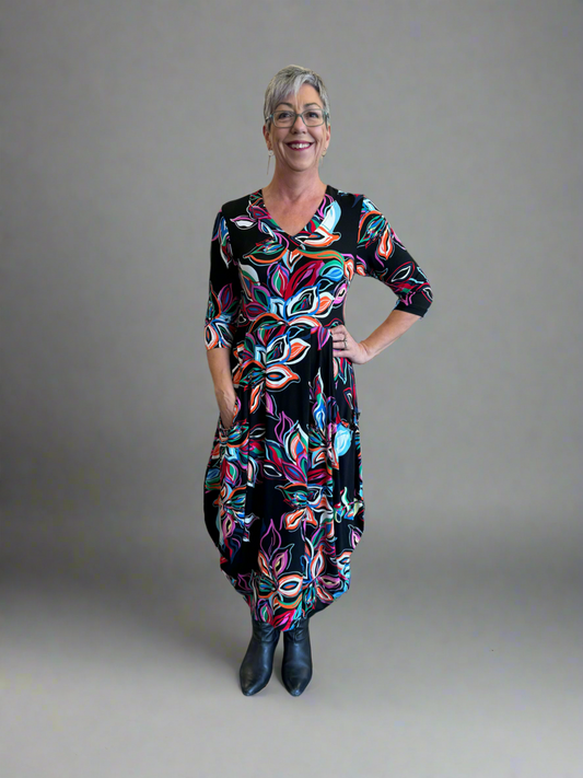 Bittermoon - Carly Dress - Night Fusion Pattern 3/4 Sleeve - Black/Multi