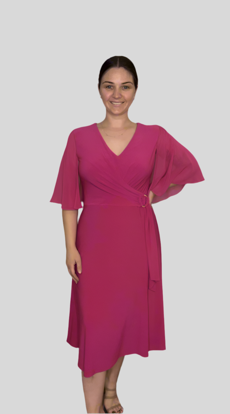 Chiffon/Knit Wrap Dress - Shocking Pink