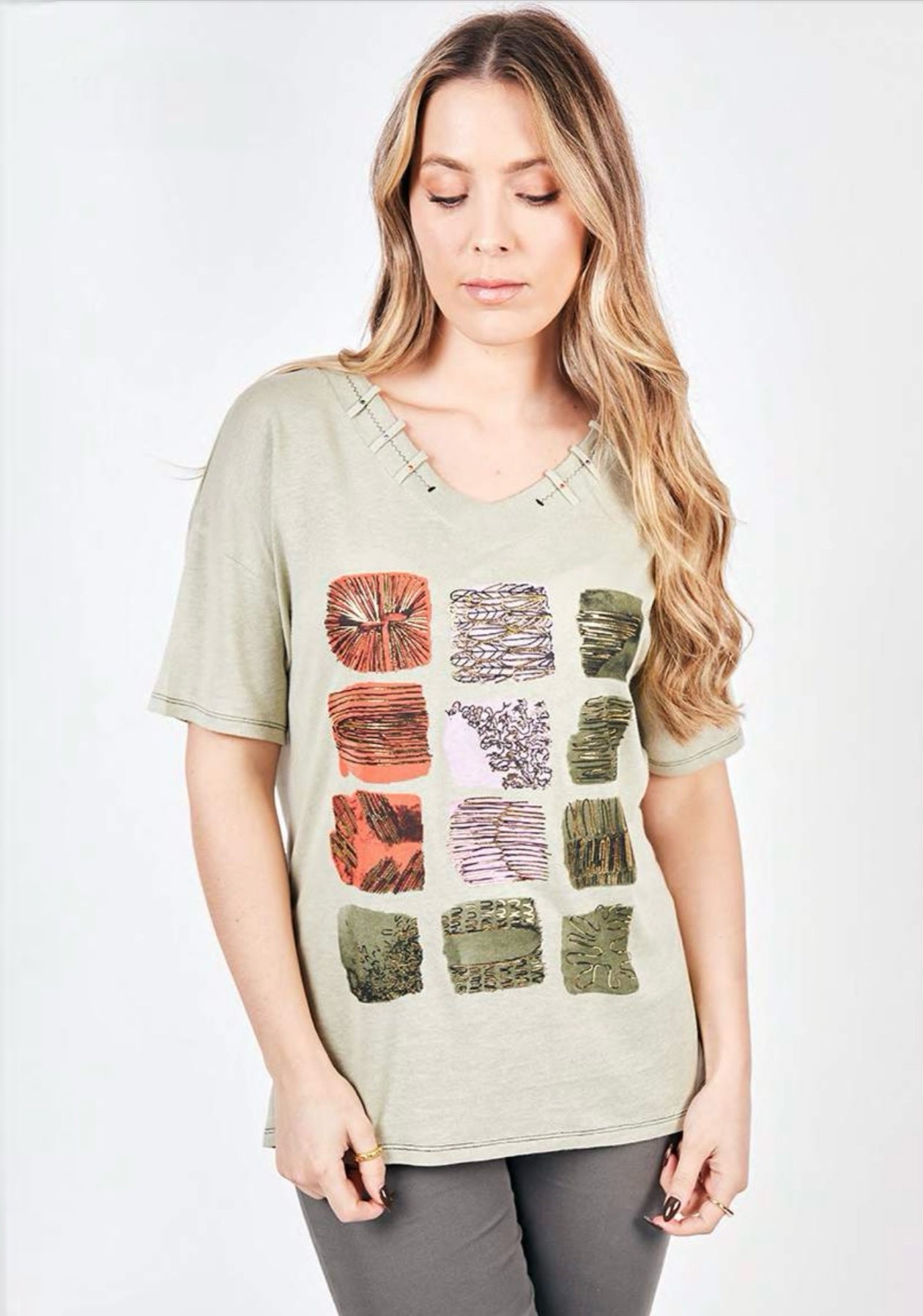 Kalisson Top - KL3317 - Green Multi Top - Viscose/Linen -50% Off