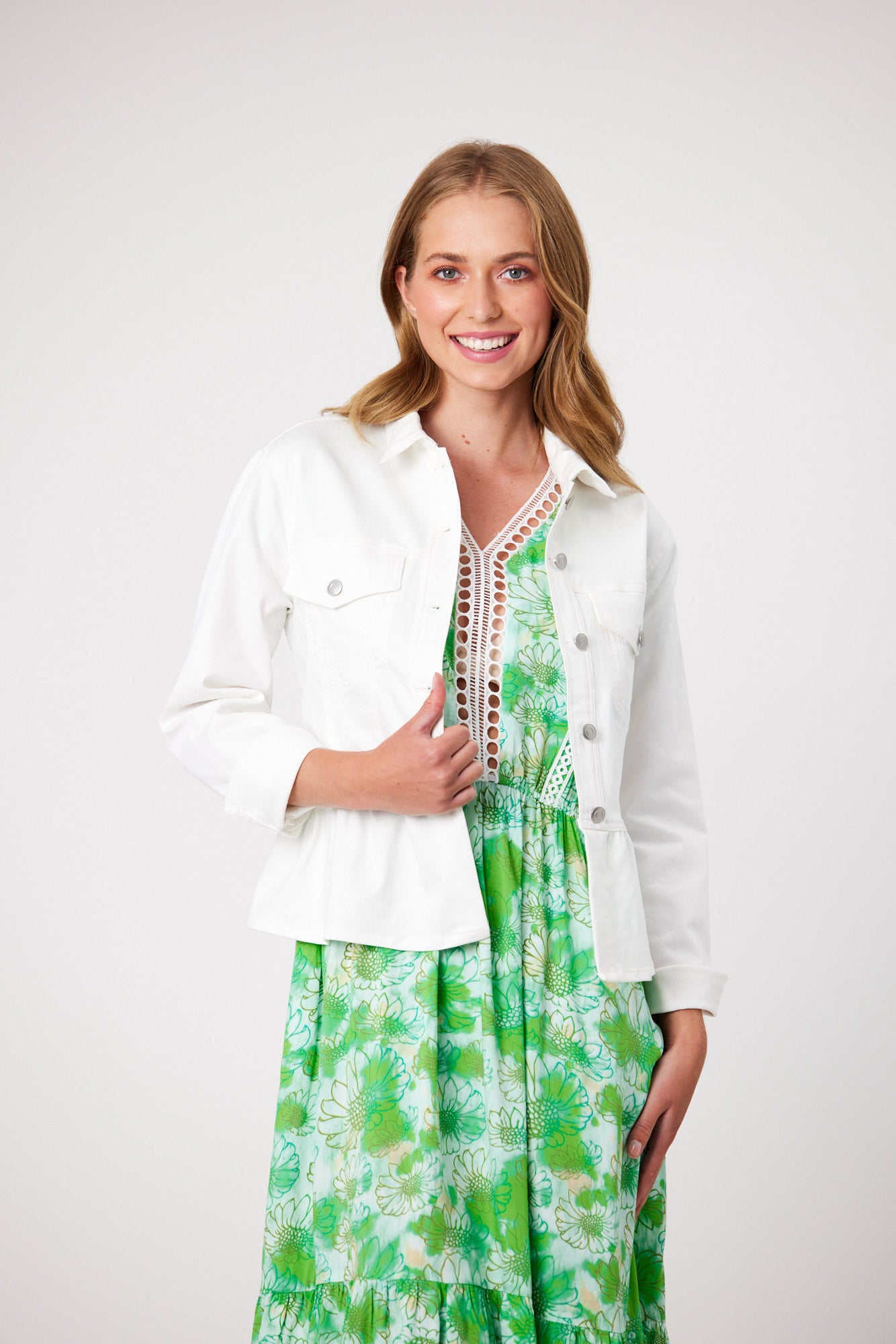 Stretch Drill Jacket /Brooch Detail White