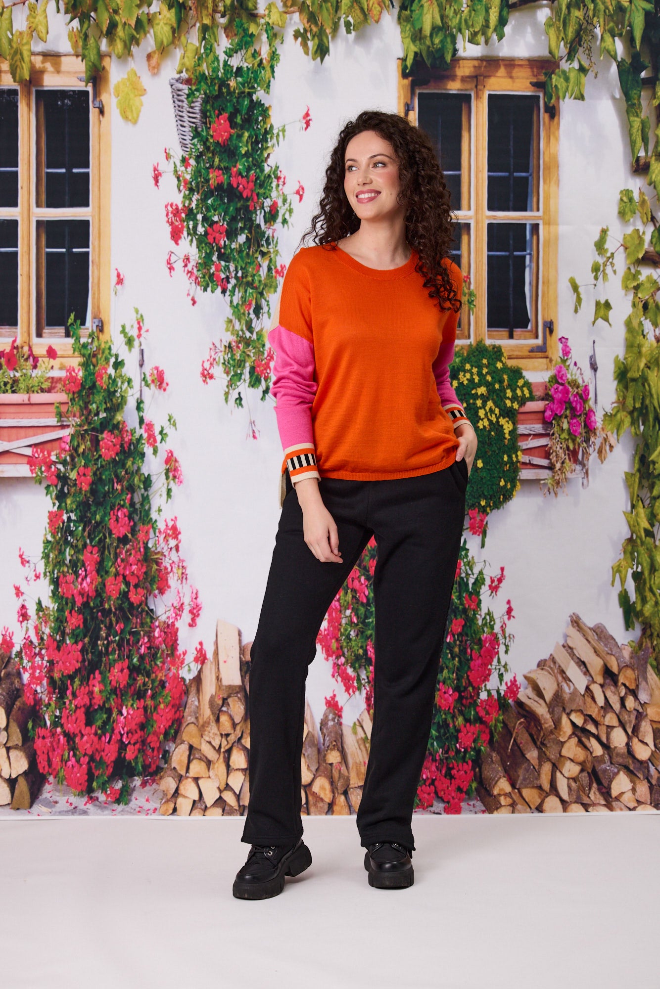 Merino Blend Colour Black Jumper - C6026 - Orange/Nat/Pink - Due Feb/Mar