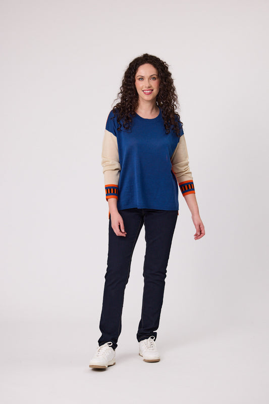 Merino Blend Colour Black Jumper - C6026 - Blue/Orange/Nat - Due Feb/Mar