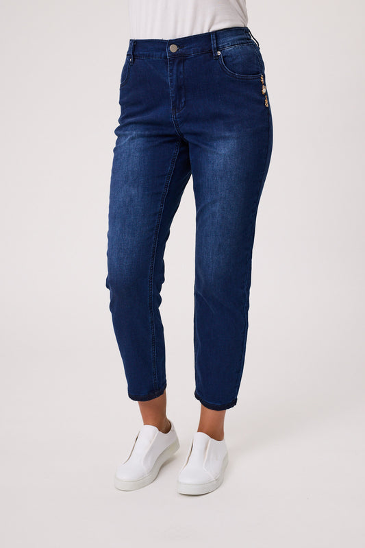 Knit Denim 7/8 Jean Brooch Detail