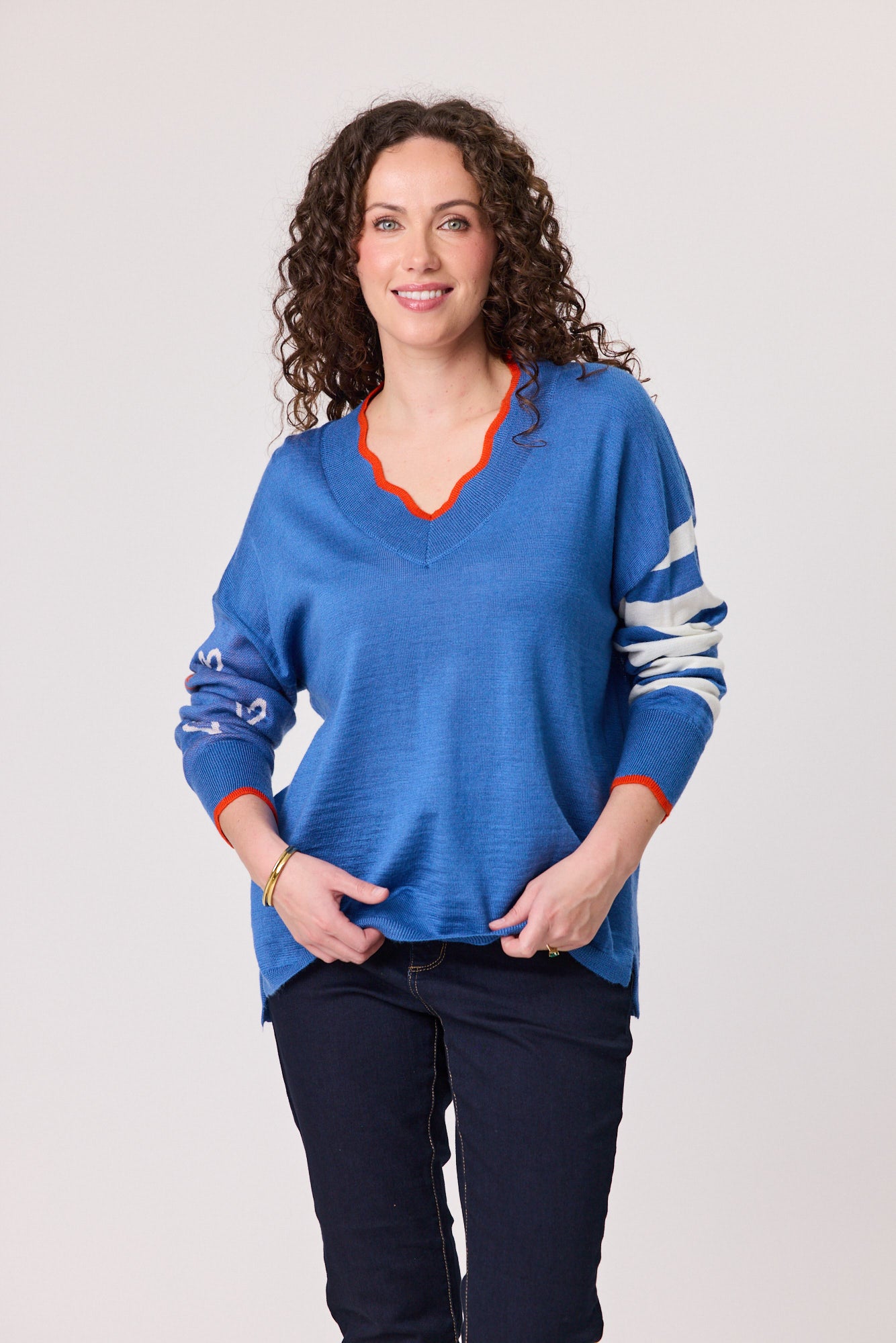 Merino Blend Signature Jumper - Blue/Cream