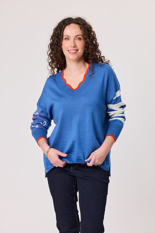 Merino Blend Signature Jumper - Blue/Cream