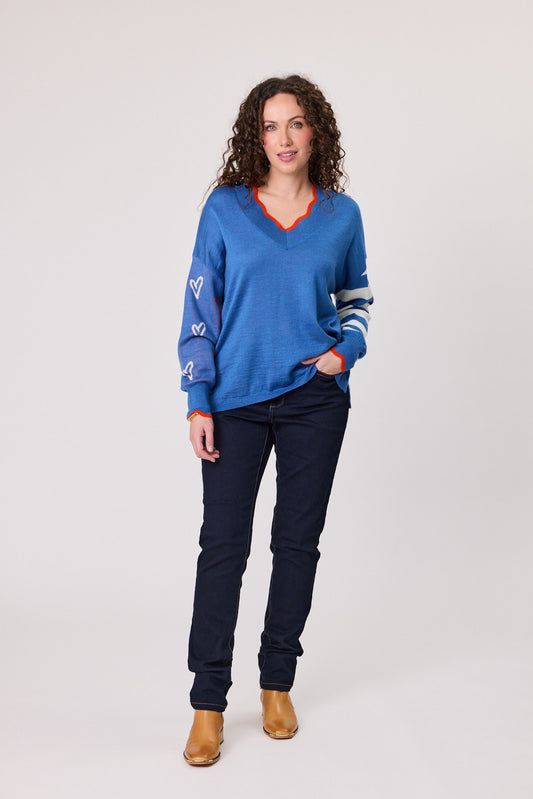 Merino Blend Signature Jumper - Blue/Cream
