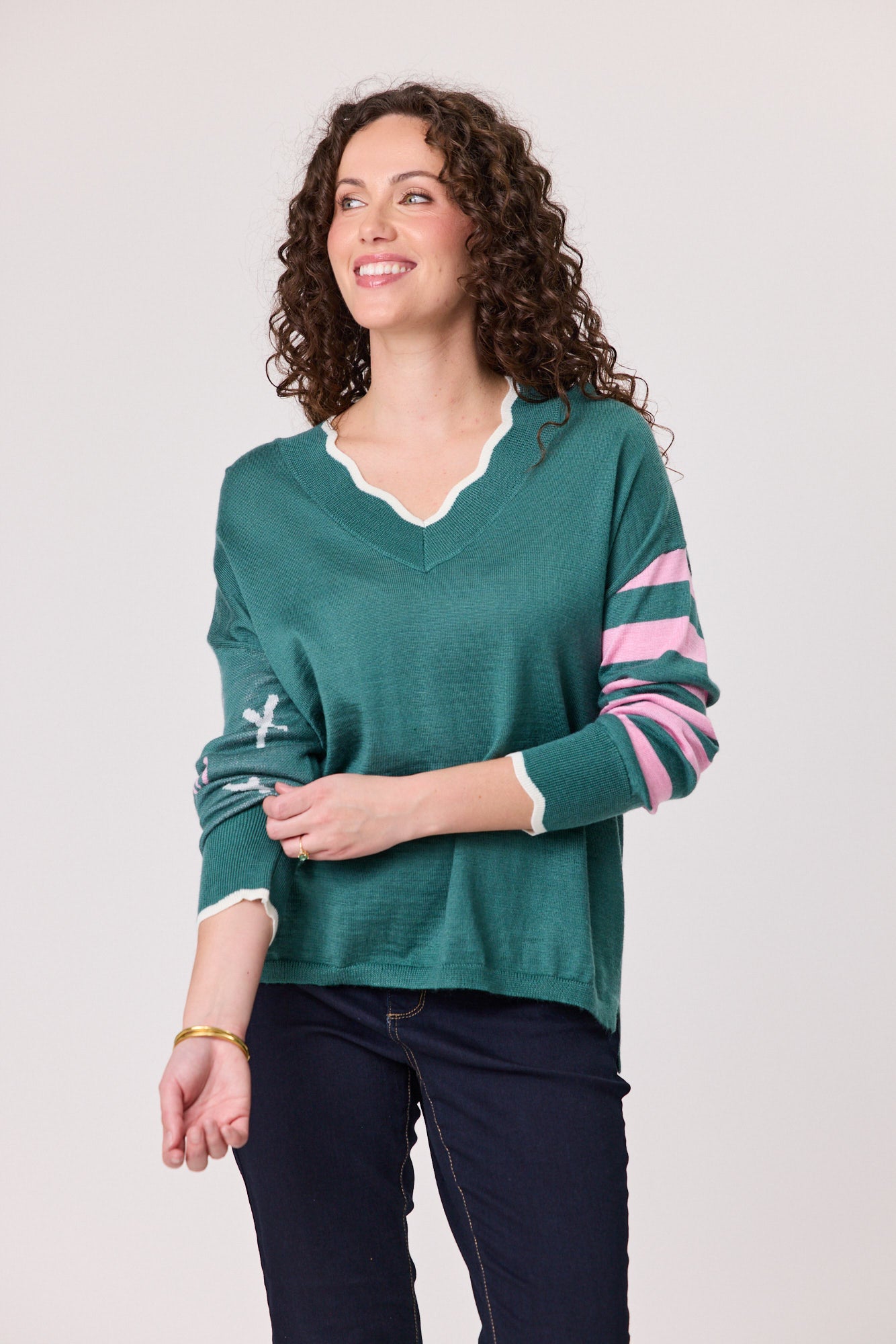 Merino Blend Signature Jumper - Green/Light Pink