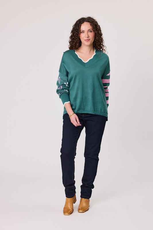 Merino Blend Signature Jumper - Green/Light Pink