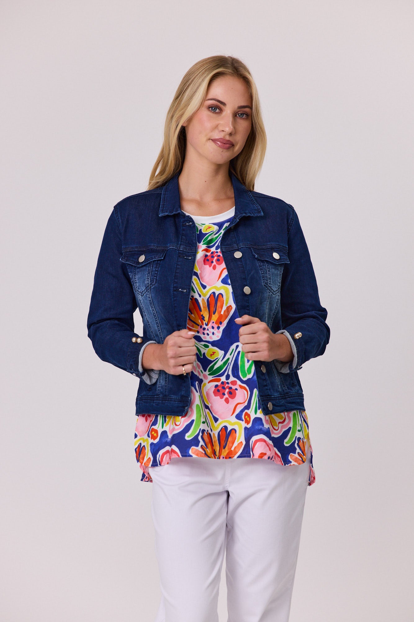 Stretch Denim Jacket with Pearl Trim - DUE AUG/SEPT