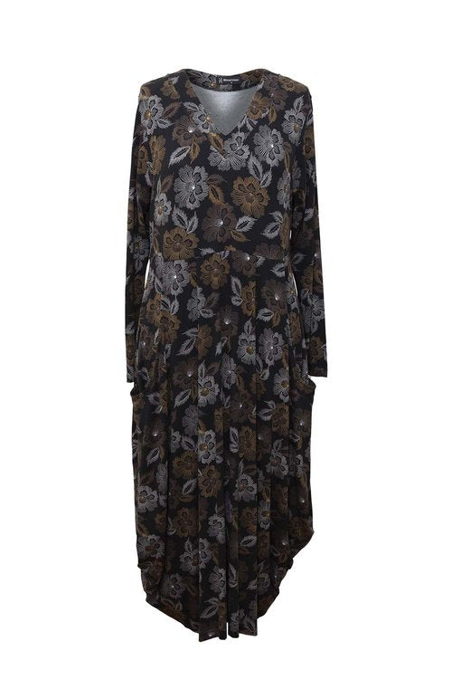 Carly Dress - D1600 - Black/Brown Flowers