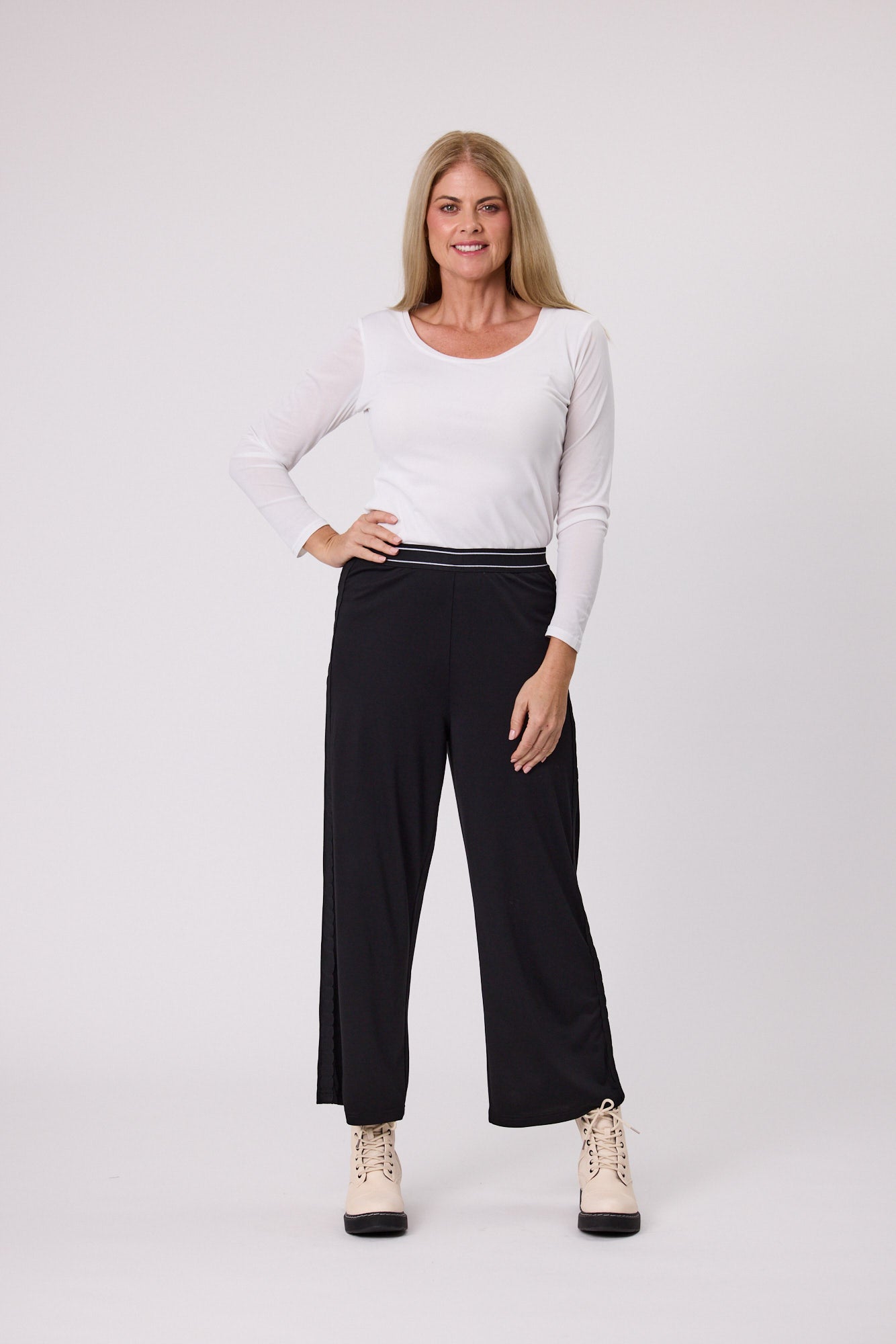 Side Trim Knit Palazzo Pant - D8007 - Black - Arrived