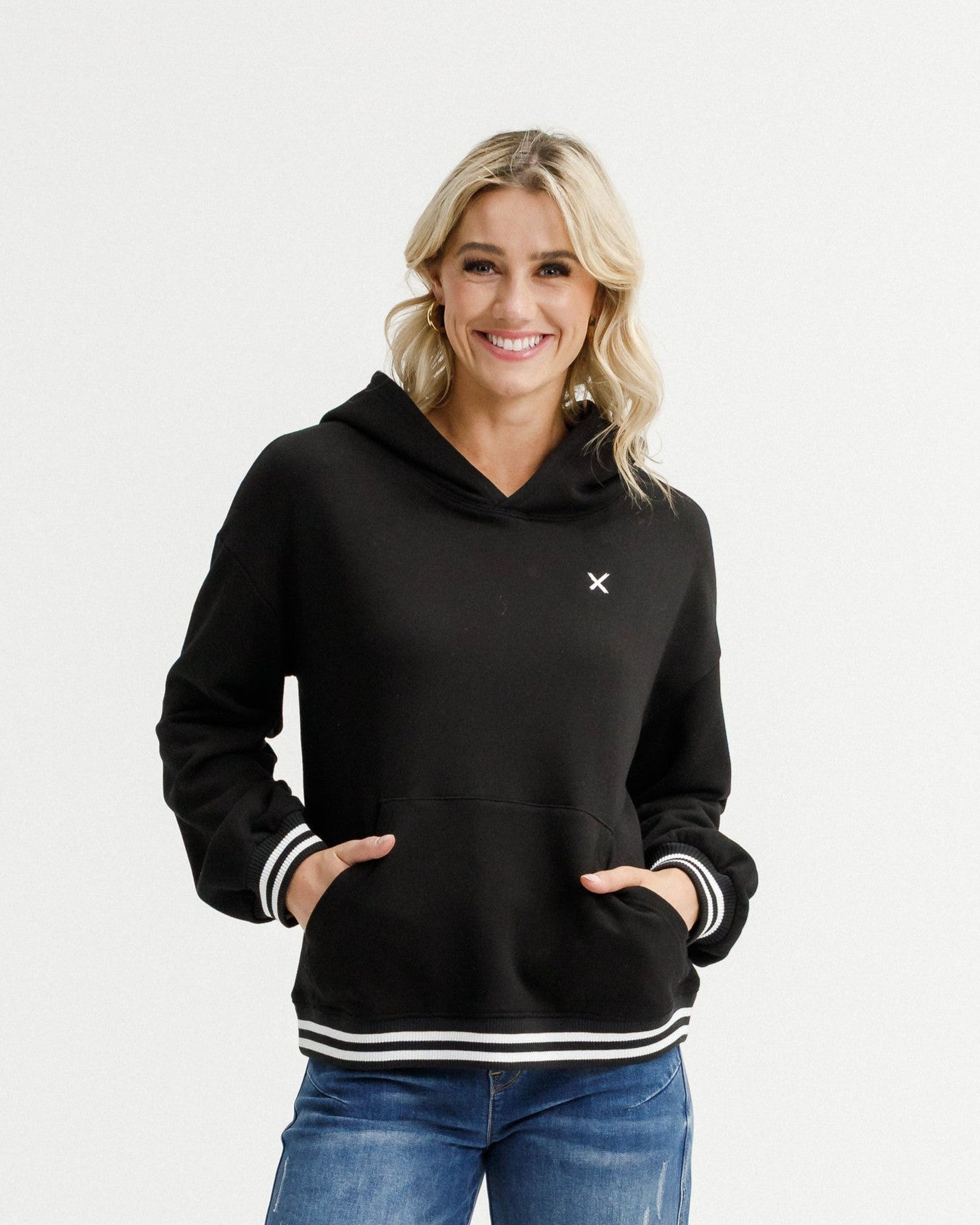 Elliot Hoodie - Black with Silver X & Stripe Cuffs