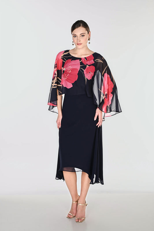 Frank Lyman Floral A‑Line Midi Dress - Navy & Pink