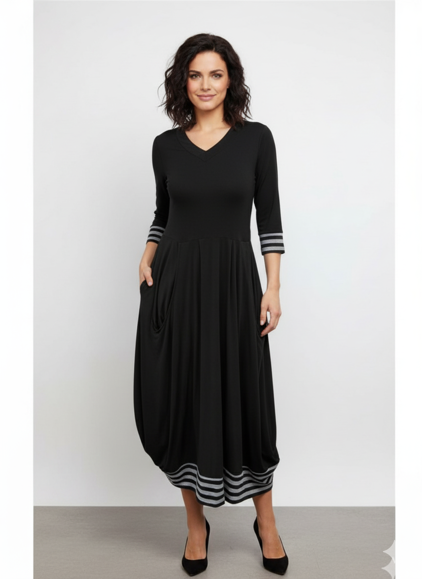 Carly Dress Black with Striped Hem & Cuff