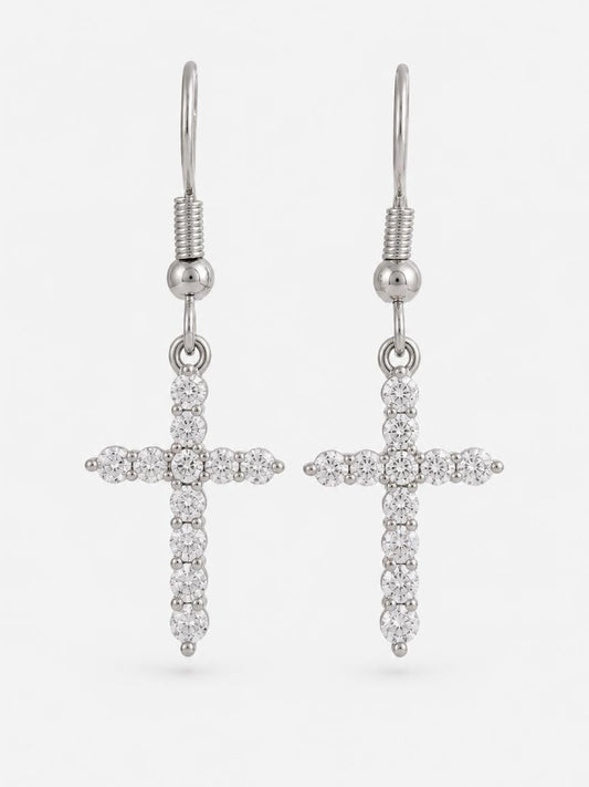 Zircon Cross Rhodium Earrings - MSE1557
