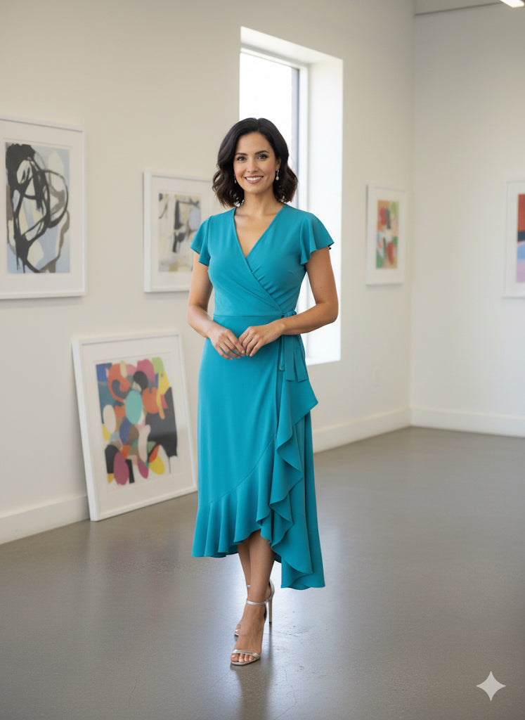 Knit/Chiffon Wrap Dress Ocean Blue