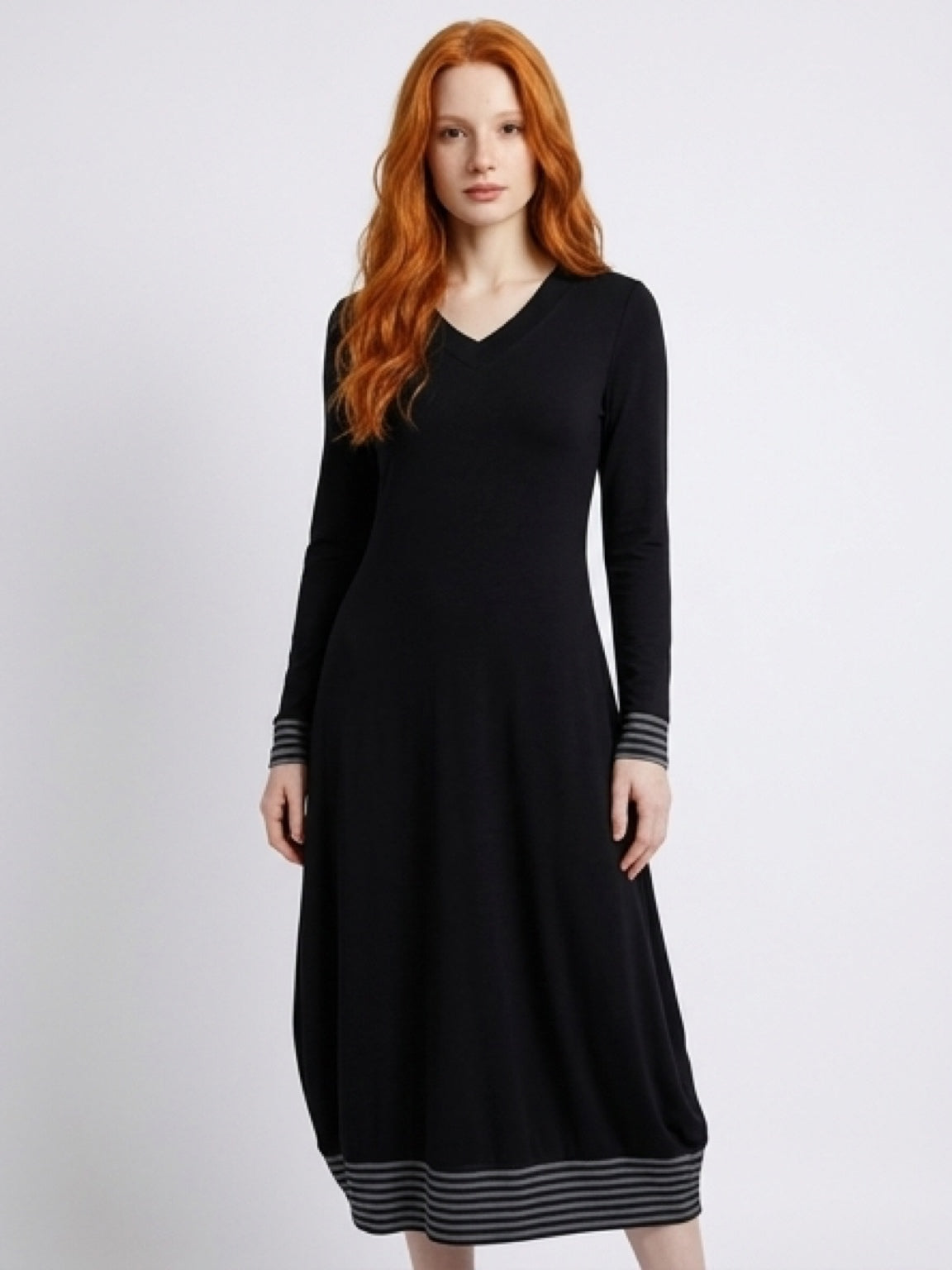 Carly Dress Black with Striped Hem & Cuff - Long Sleeves