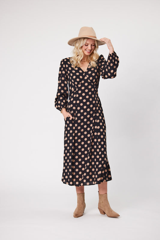 Sabrina Dress LTD136 - Latte Polka dot - Due Feb