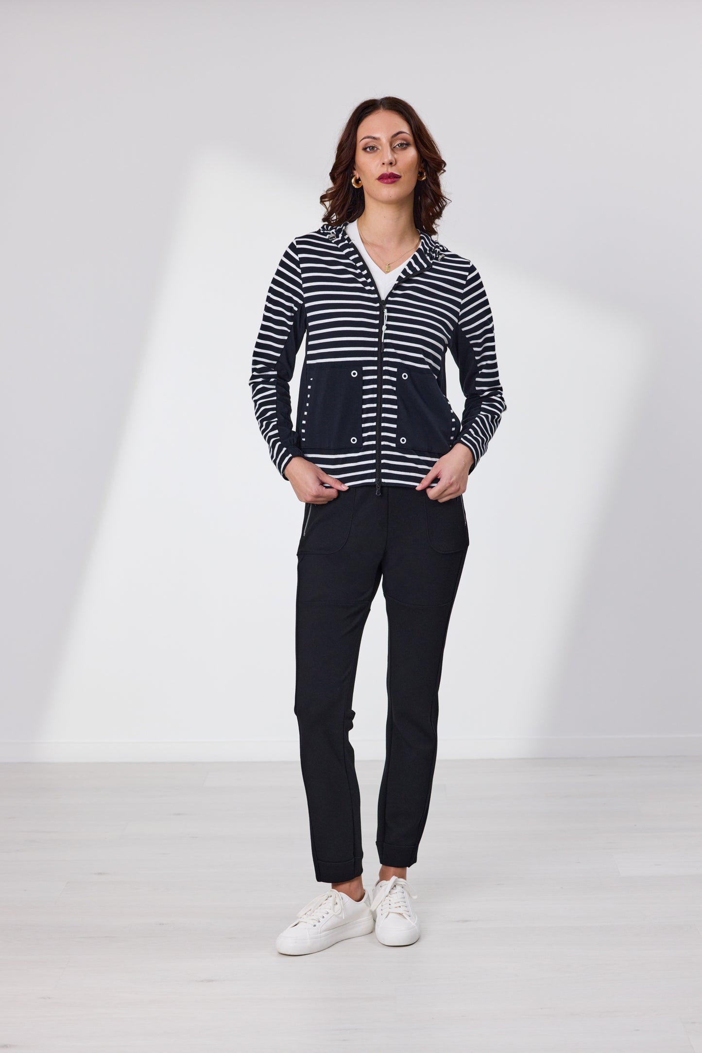Allure Front Zip Hoodie - Black/White Stripe