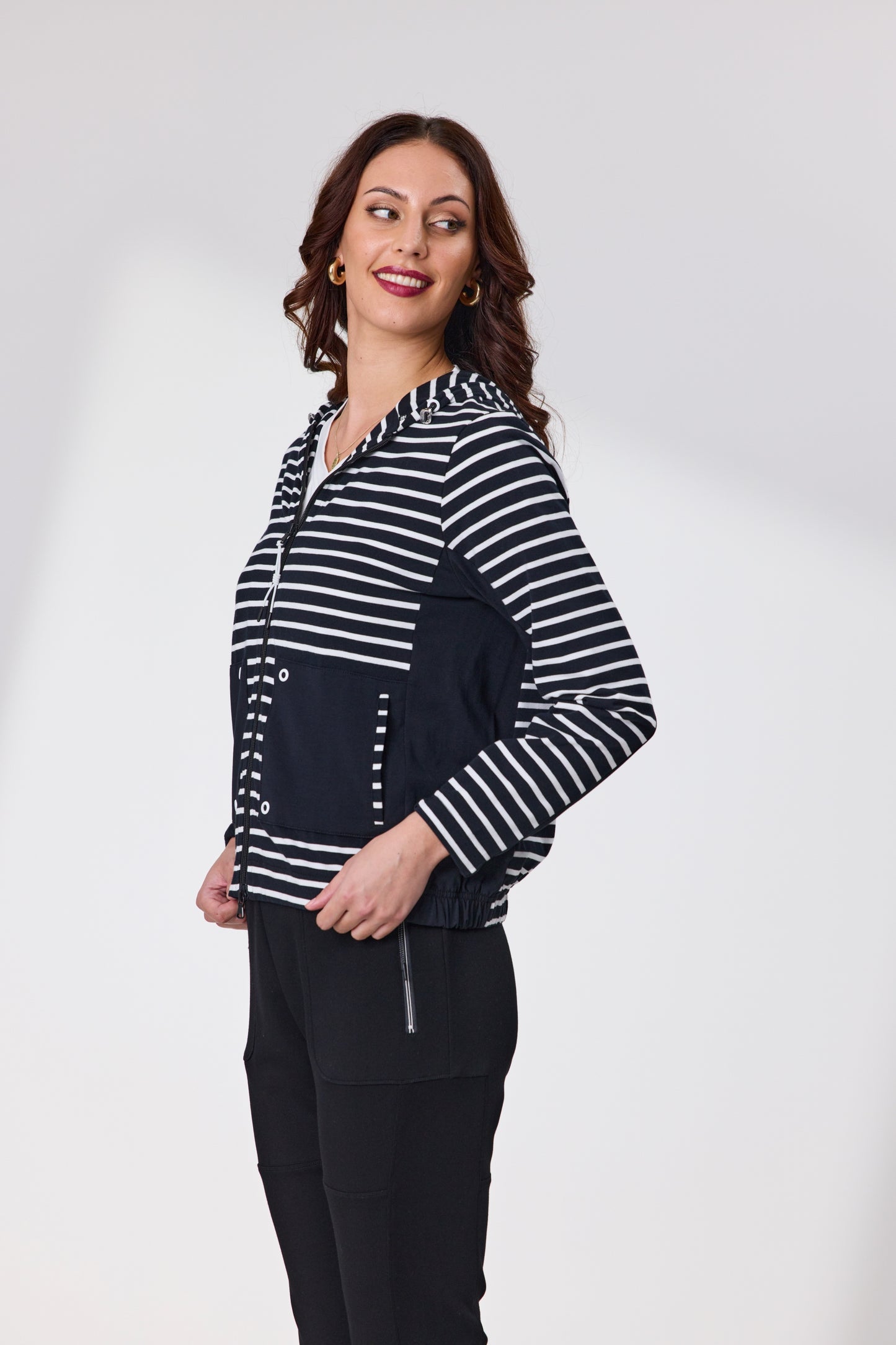 Allure Front Zip Hoodie - Black/White Stripe