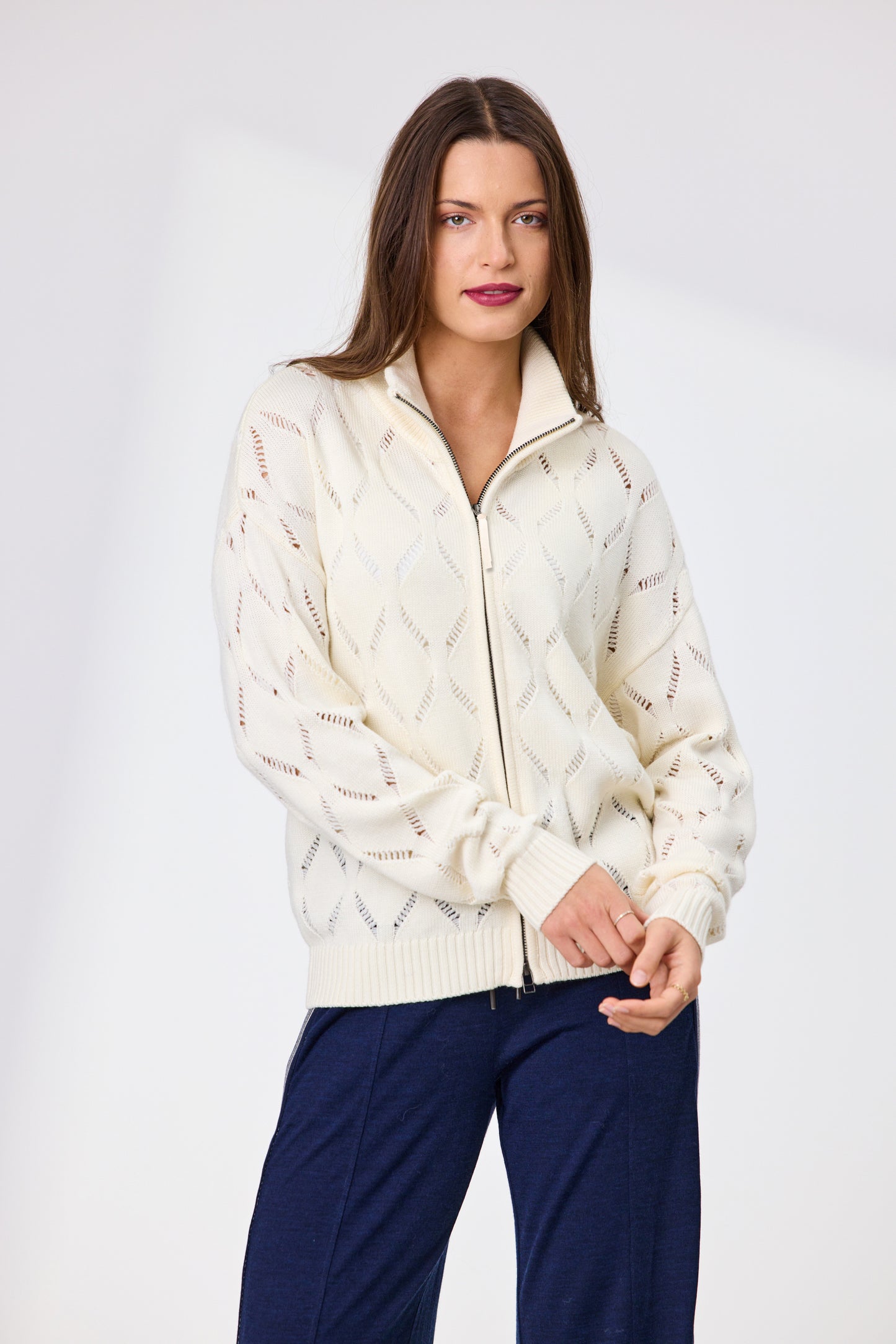 Renee Zip Front Merino Jacket - Ivory 50% Off