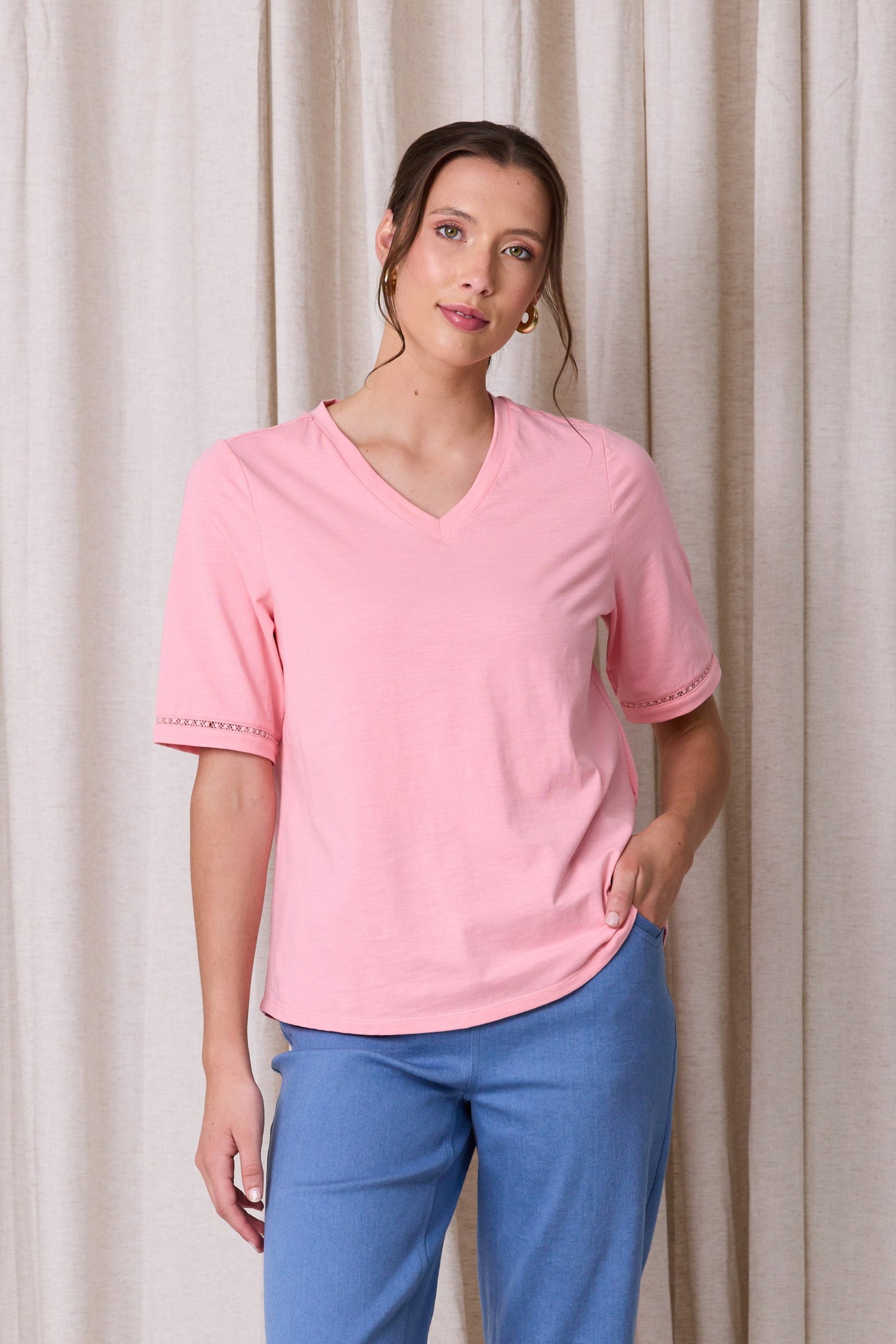 Chase Cotton V Neck Tee - Soft Pink - Due Aug/Sept