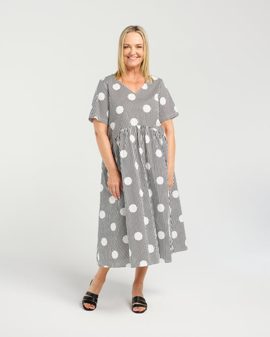 Leona Dress - Black Polka Stripe - Due Aug/Sept