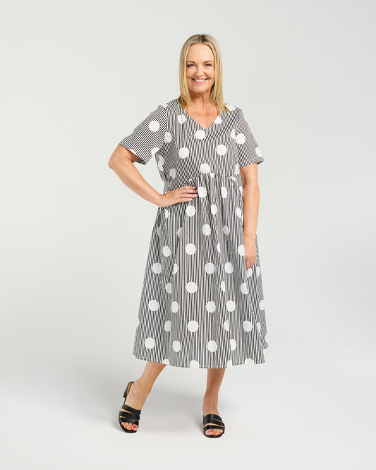 Leona Dress - Black Polka Stripe - Due Aug/Sept