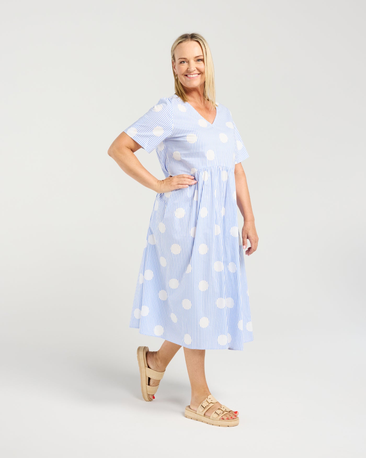 Leona Dress - Blue Polka Stripe - Due Aug/Sept