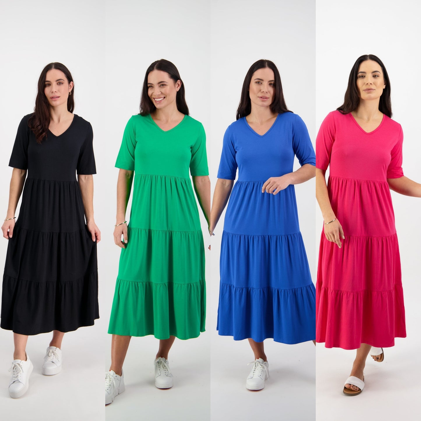 Vassalli - 6076 - V Neck Tiered Dress - 4 Colourways  - 50% Off