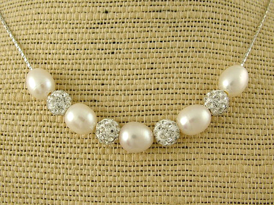 Pearl and Diamante Necklace - White - PL0242