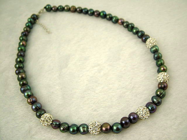Pearl and Diamante Necklace - Black - PL0247