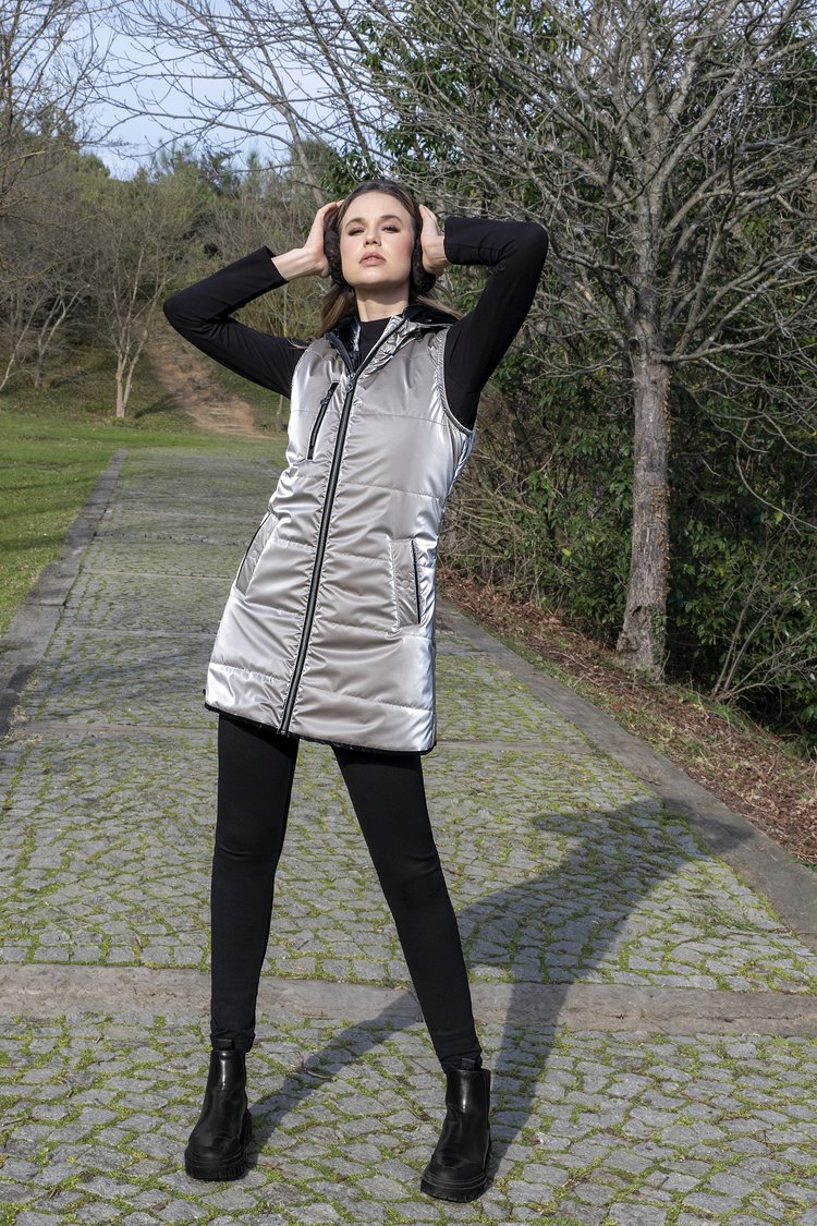 Dolcezza - Longline Puffer Vest - Taupe - 50% OFF