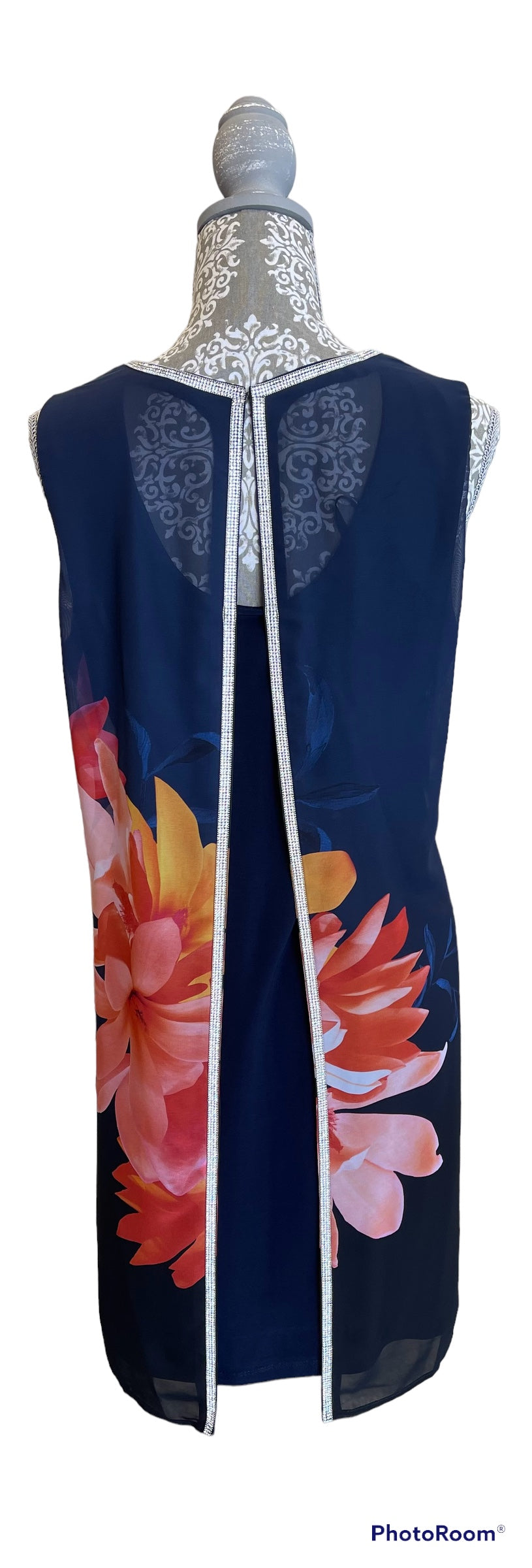 Frank Lyman - 238356 Navy/Coral sleeveless dress with Diamantes
